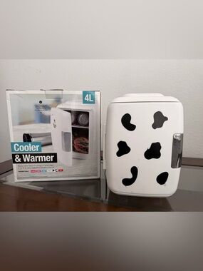 Portable Mini Cooler & Warmer - White with Black Cow Spot Pattern